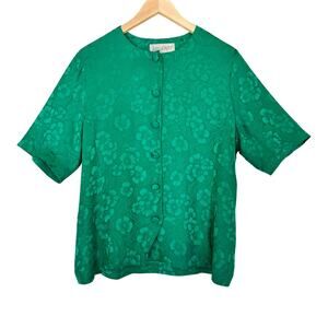Vintage Green Silk Floral Button-Up Blouse- Size Medium, Dopamine, Maximalist